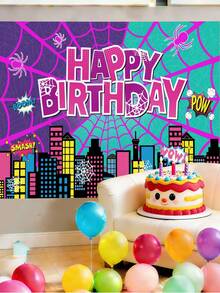 1pc T-Rendy Comic Style Spider-Web Birthday Tapestry,  Themed Party Backdrop Cloth,,D-Isney Charcaters Cartoon Theme Happy Birthday Party Backdrop,Pink Tapestry,Holiday Decoration, Decoration Themed Perfect Gift ,Room Wall Art Decoration,Fairy Tale Style,For Bedroom Living Room Corridor, Wall Art, Wall Decoration, Room Decoration - A - View 3