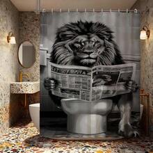 趣味狮子读报浴帘，防水防霉涤纶材质，浴室装饰，幽默动物图案，带挂钩，加厚隐私帘，适用于淋浴房和浴缸，易于安装、清洁、快干，浴室隔断帘，适用于家庭、酒店、公寓、水疗中心，时尚黑白图案浴帘，不褪色，防水，必备淋浴配件 - 黑灰 - 查看 9