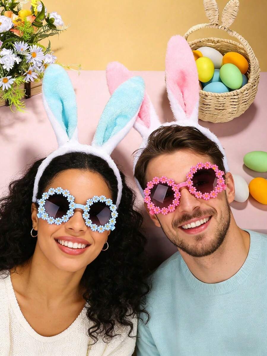 1/2/4pcs- Easter Costume Props, Bunny Ears And Glasses Set, Easter Basket Stuffing - Easter, Birthday Gifts - Unique Bunny Stuffed Gift Ideas, Bunny Ears Headband And Daisy Glasses Set - Multicolor - View 1