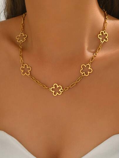 LIEBEIRIS 1pc 18K Gold Plated Hollow Flower Stainless Steel Necklace, Suitable For Women's Daily Wear And Gift