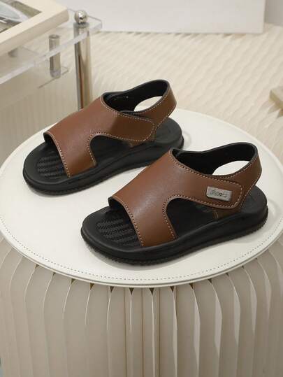 1 Pair Flat Sandals, Solid Color Soft Leather Stitched Material, Minimalist Round Toe Open Toe Hook And Loop, Elastic Soft Non-Slip Sole, Fashion Luxury British Style Beach/Roman Sandals Suitable For Boys/Girls Students Casual Daily Wear, Spring/Summer New Arrival