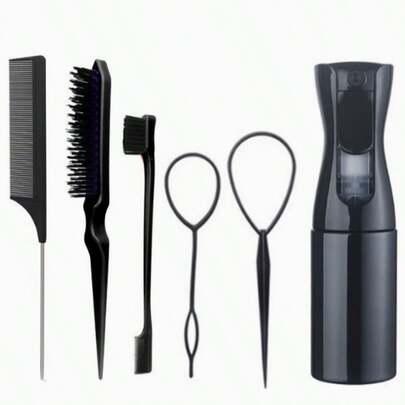1 Set Of 6 Pcs Hair Styling Brush Set With Continuous Spray Bottle (6.8 Oz/200ml), Includes Cartoon Temporary Tattoo Stickers, Fine Mist Spray Bottle, Edge Brush, Tail Comb And Volumizing Brush