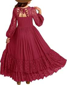 2026 Girls Elegant Lace Flower Boho Dress Long Sleeve Backless Square Neck Ruffle Party Maxi Dress - 07 酒紅色 - 查看 12