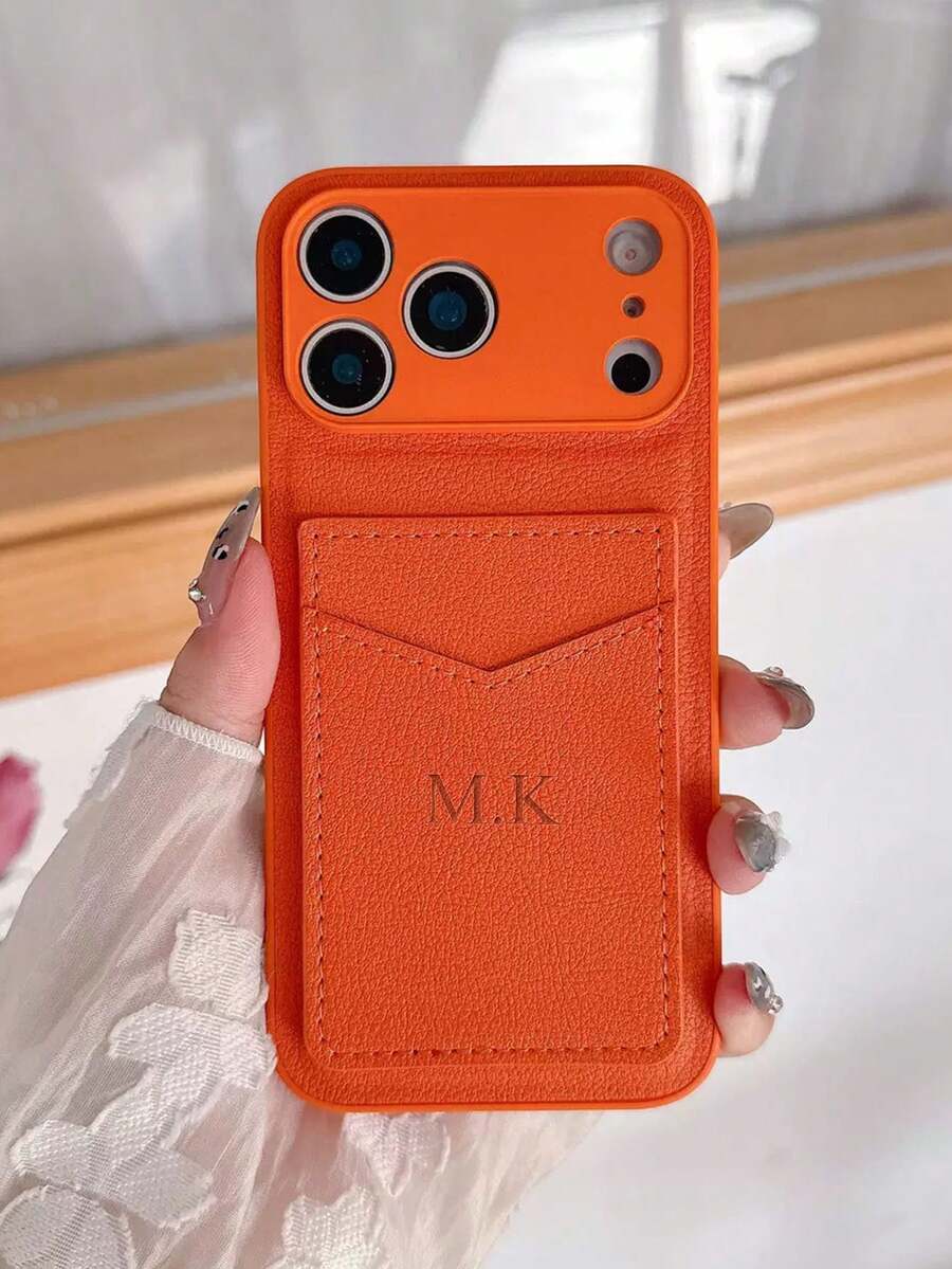 Personalized Luxury Crocodile Texture Embossed Letter Faux Leather Card Holder & Phone Case, Compatible With Apple 17, 16, 15, 14, 13, 12, 11 Pro Max, 14, 15, 16 Plus, 17 Air. Hot Stamping Letter Customization, Minimalist Anti-Fingerprint Anti-Drop Anti-Shock Couple Phone Case Soft Shell, Valentine's Day Gift, Phone Accessory - Orange - View 1