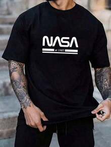Camiseta De Manga Corta Y Ajuste Slim Para Hombre Con Estampado De Letras - Negro - Ver 1