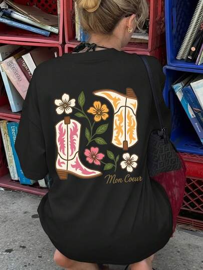 Summer New Arrival Minimalist Floral Print Round Neck Short Sleeve T-Shirt, Fashionable Versatile Casual Wear For Women