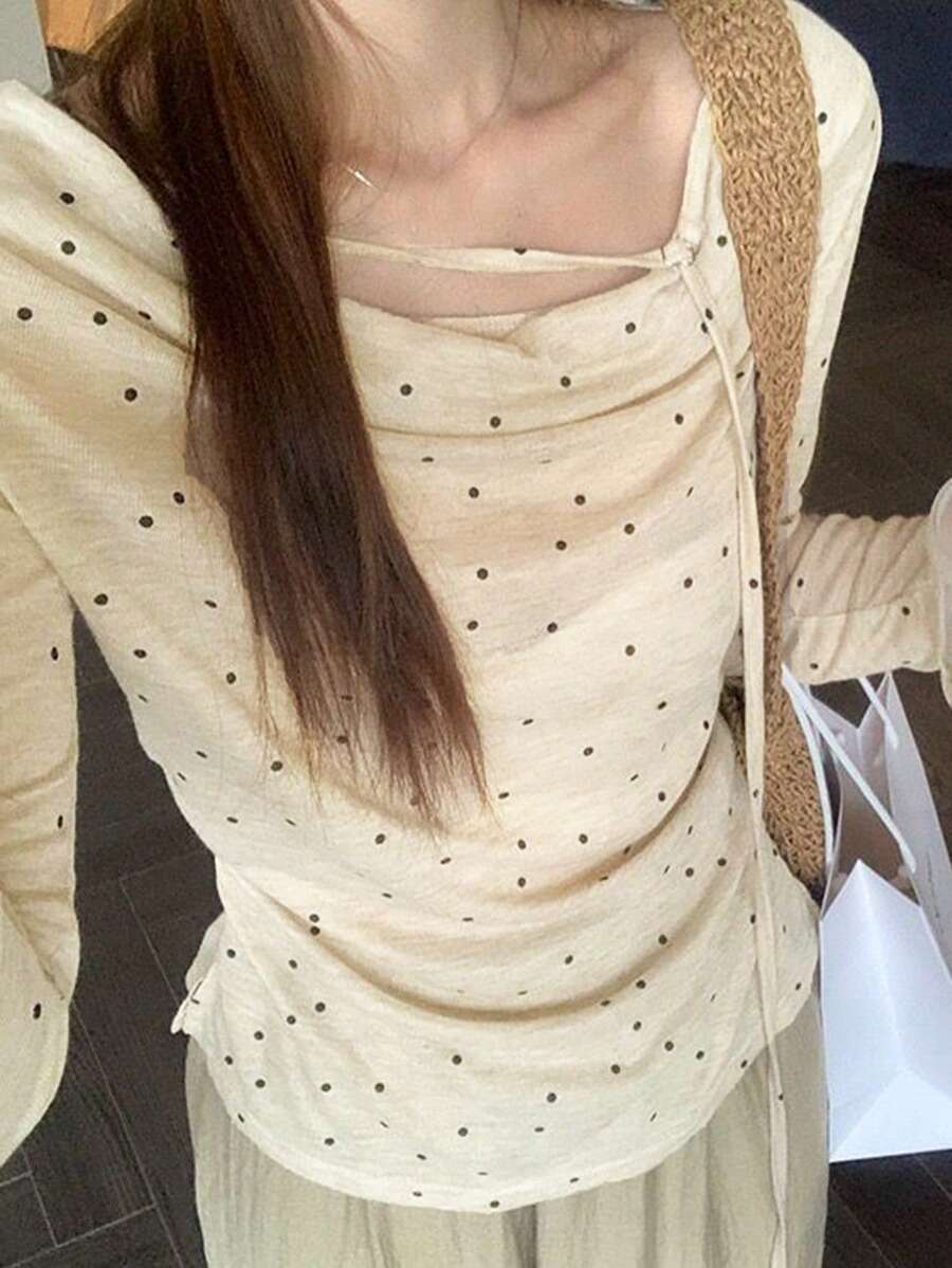 不对称荷叶边系领波点T恤，修身优雅女式衬衫（随机波点）春季