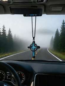 Gothic Style Christian Cross Pendant With Blue Embedded Thorny Wreath Car Hanging Ornament - Religious Faith Rearview Mirror Decor For Spiritual Protection - A - View 7