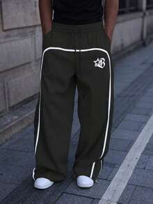 Men's Wide Leg Printed Drawstring Waist Street Pants, Fall - màu đen - Xem 3