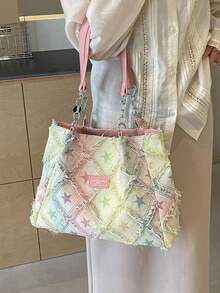 Large Capacity Star Patterned Tote Bag, Fashionable Fur Edge Casual Letter Color Blocked Shoulder Bag, Niche Design Diamond Shaped Personalized Armpit Bag, Suitable For Shopping, Daily Outings, Vacations, And Work - Multicolor - View 3