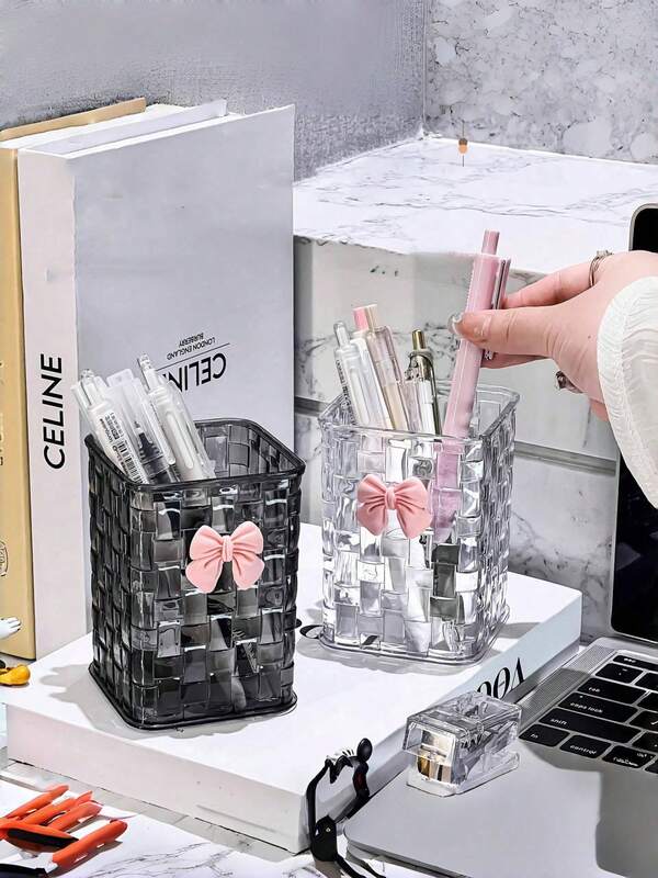 1PC Transparent Desktop Organizer Box With Decorative Pink Bowknot, Pen Holder & Storage Case, Ideal For Back-To-School Supplies, Office, Dormitory, Makeup, Skincare & Desk Essentials