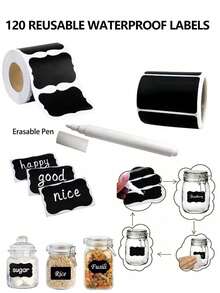 120pcs Reusable Waterproof Labels - Black Self-Adhesive Stickers, Suitable For Kitchen Containers, Spice Jars And Food Storage Boxes - Wave Pattern Design, Includes 1 White Chalk, Applicable For Mason Jars, Party Decorations, Crafts, Weddings, Storage, Glass Bottles, Home Kitchen Supplies (Essential For Kitchen Organization) - Multicolor - View 9