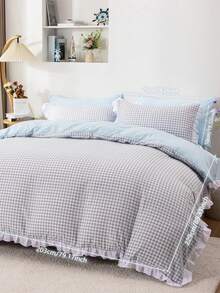 舒适2/3件套花卉蕾丝边纯色格子柔软床上用品组合。套装包含：1件花卉蕾丝被套 + 1/2件花卉蕾丝枕套（不含被芯和枕芯），隐形拉链，4个角带系带。适用于卧室、宿舍、旅行酒店，四季皆宜。 - 淺藍色 - 查看 23