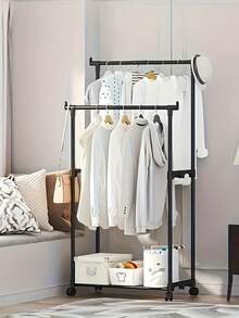 1 pieza Estante secadora de ropa independiente de 1 o 2 barras, soporte móvil para colgar prendas para interiores/balcón del hogar/dormitorio - Negro - Ver 12