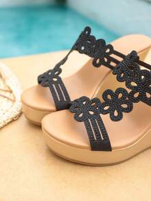 2026 Summer New High Heel Wedge Slippers Women, Thick Sole Fashion Outdoor Rhinestone Sandals - Black - View 6