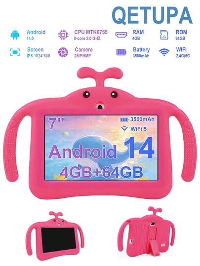 Qetupa 7-Inch Android 14 Kids Tablet PC With Anti-Drop Protective Case, Whale Pattern Design. MTK6755 Octa-Core 2.0GHz Processor, 4GB RAM + 64GB Storage, 1024*600 IPS Touchscreen, 2MP+5MP Dual Cameras, 3500mAh Battery. Supports Bluetooth And 802.11Ac/WiFi5, No SIM Card Slot. Ideal Gift For Boys And Girls, Suitable For Birthday And Christmas. Combines Education And Entertainment, Supports Early Home Learning.
