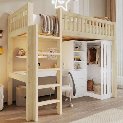 Loft Bed 90 X 200 Cm, Desk, Wardrobe, 3 Drawers, Open Storage, Railing, Stairs, Mattress Not Included, Natural Finish