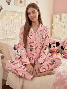 Disney Bộ đồ ngủ 2 món in họa tiết, tay dài, xếp ly, kiểu dáng thường ngày dành cho nữ, gồm áo và quần dài. - Hồng - Xem 4