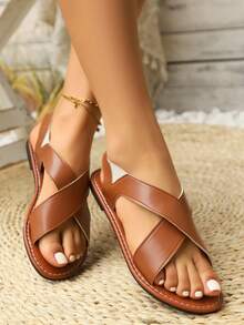 Sandal đế bằng mùa hè dành cho nữ, thiết kế đan chéo, không thể thiếu cho các bữa tiệc, kỳ nghỉ và du lịch. - màu nâu - Xem 5