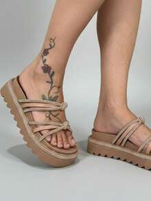 Women's Platform Sandal With Shiny Rhinestones, Comfortable - Beis - Ver 11