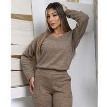 Women's Winter Set In Ribbed Wool Knit – Long-Sleeved Blouse And Pants With Functional Pockets And Elastic Back | Comfortable Casual Elegant Autumn/Winter Look - 米色 - 查看 3