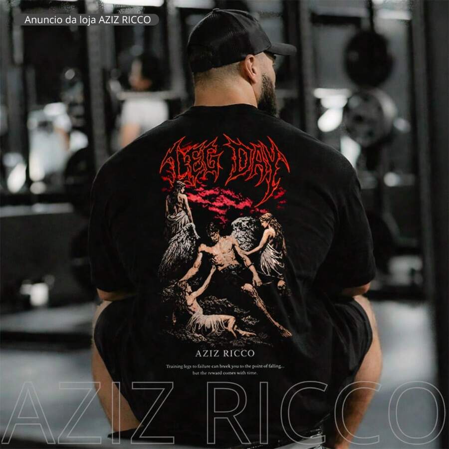 Oversized Gym T-Shirt, Fallen Angel Leg Day, 100% Premium Cotton - Black - View 1