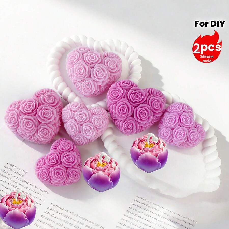 2个玫瑰花硅胶蜡烛模具，DIY漂浮花卉蜡烛、肥皂、石膏、水泥工艺品模具，适用于生日、婚礼、母亲节、情人节礼物、家居装饰 - 2個模具/心多花+花蕾 - 查看 1