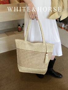 Summer Vacation Beach Bag, New Arrival Niche Handwoven Straw Tote Bag, Large Capacity - Beige - View 1