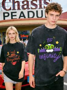 Disney Officially Licensed Graphic T Shirts 100 Percent Cotton Disney Shirt, Buzz & Woody Couple T-Shirt, Unisex, Washed 230g, Retro, Unique Print, Loose Comfortable Short Sleeve - 黑2 - 查看 1