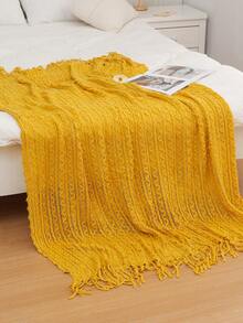 Cozy Knit Blanket With Ruffle Detail All-Season, Multi-Purpose & Comfortable For Camping, Sofa, Sunbathing, And Napping, Camping Essentials Ruffle Trim Blanket Knit, Camping Blanket - Wheat Ear Scarf Yellow - View 4
