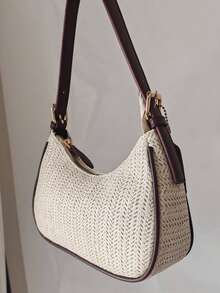 2026新款草编单肩包，夏季度假风，小众设计百搭通勤包，酒红色拼接编织包，女士腋下单肩包，Y2K女士手提包 - 酒紅色 - 查看 4