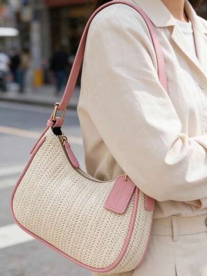 Minimalist Woven Shoulder Bag, Women's Fashion Versatile Design, Large Capacity Daily Commute Bag, Stylish Color Block Crescent Bag, Y2K Underarm Shoulder Bag
