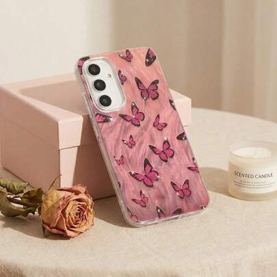 1pc Cute Cartoon Gradient Pink Butterfly & Star Design Transparent Red Personalized Fresh Fashion European And American Style Beautiful Protective Phone Case, IMD Full Coverage Anti-Drop Silver Feather Gradient Feather Wave Bright Silver Laser Shiny Artistic Style, Suitable For Apple/Honor/Transsion/Moto Phones