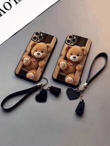 1pc Perforated Straight Edge Bear Painted Thick Shockproof Painted Phone Case With Decorative Accessories, New Leather Heart Wrist Strap DIY Phone Case Pendant, Short Wrist Strap Pendant Compatible With Iphone, Galaxy, / - Multicolor - View 2
