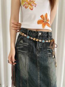 1pc Brown Polyester Bohemian Bamboo Tube Retro Waist Rope For Women - Brown - View 1