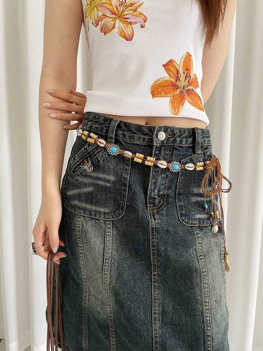 1pc Brown Polyester Bohemian Bamboo Tube Retro Waist Rope For Women - Brown - View 1