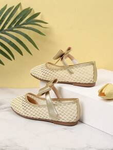 1 Pair Beautiful Bowknot Girls Shoes, Suitable For Spring/Summer Outdoor & Daily Wear - Gold - View 2
