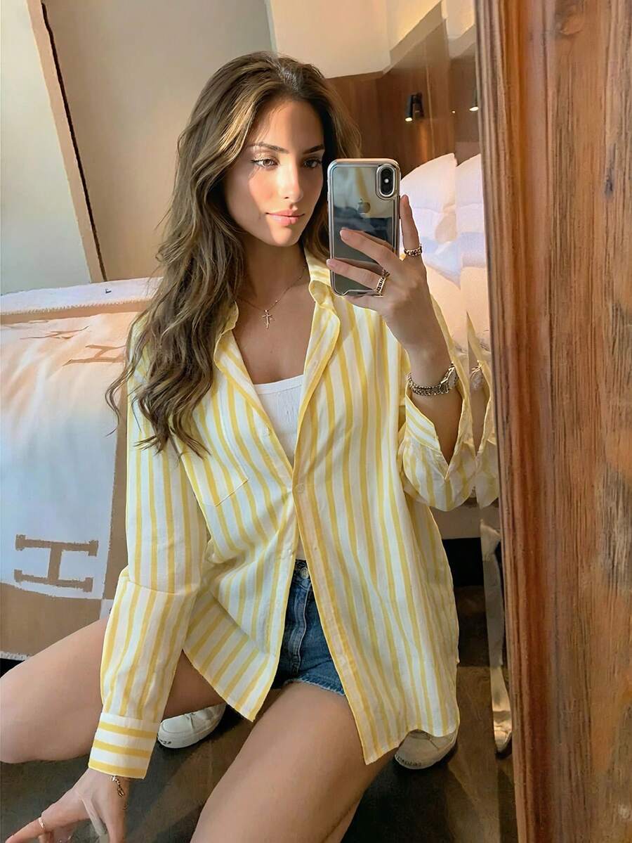 2026 Spring New Arrival Retro American Style Loose Long Sleeve Striped & Floral Print Shirt For Women - Yellow - View 1