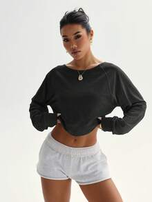 Best Selling! Light Gray Open Back Long Sleeve Fitted Top, Casual & Sexy Sports - Black - View 8