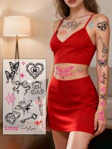 10pcs Y2K Style Black Tattoo Stickers, Punk Pink Heart & Bow Temporary Tattoo Stickers Set - Multicolor - View 5
