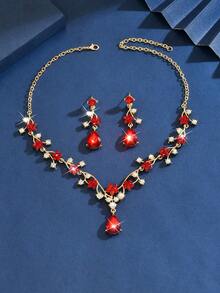 New Flower Crystal Necklace & Earrings Jewelry Set, Clavicle Chain, Bridal Wedding Dress Accessories - Red - View 3