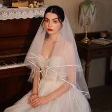 1pc Simple Satin Ribbon Bridal Veil With Double-Layer Bow - Super Fairy-Tale Wedding Registration And Photo Prop - A Wedding Nourishment For Brides Saying Goodbye To Single Lifehen Party Suppliesbride - View 6