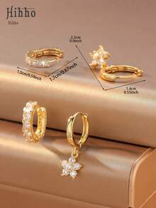 Hihho 2 Pairs Luxury Fashion Versatile Zirconia Flower Earrings Set, Elegant Sophisticated Jewelry Earrings Suitable For Daily, Work, Commute, Holidays, Travel - Earrings Set - View 7