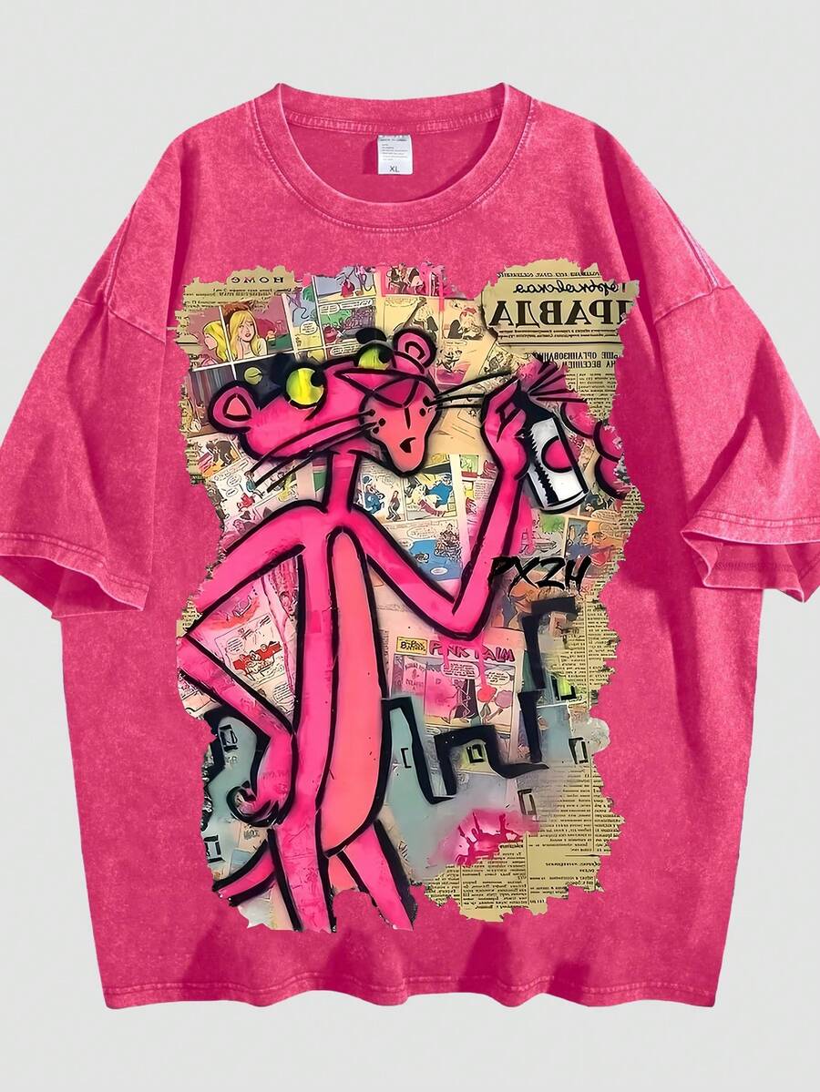 Washed T-Shirt Men | Bold Pop Art Icon (Sunglasses + Spray Can) | Retro Comic Newspaper Print | Pxr24 Logo Edgy Streetwear Tee - 玫紅色 - 查看 1