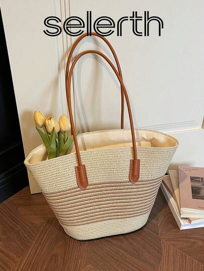 1pc Beige Woven Zipper Quilted Comfortable Shoulder Strap, Fashionable Casual Vacation Lightweight Portable One Shoulder Tote Beach Bag For Women, Suitable For Females, Beginners And Office Ladies, Teacher's Gift, Girls And Teenagers, Teacher's Day, Business/Commute/Work/Office, Festivals/Holidays/Vacation, Outdoor/Hiking/Travel/Sports/Climbing, Summer Gift Bag