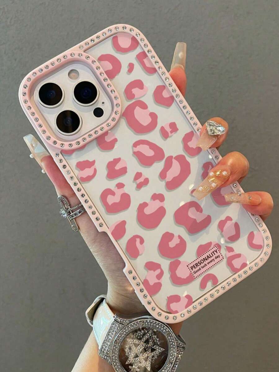 适用于 17 Air 16 15 14 Plus 13 12 11 Pro Max 的双面镶钻亚克力硬壳豹纹纯色手机壳（1 件装） - 粉色 - 查看 1