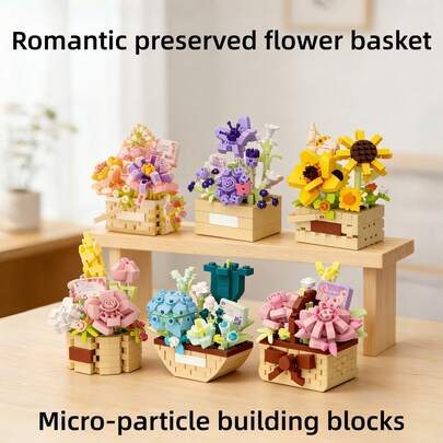 6pcs Micro Particle Eternal Flower Flower Basket Building Blocks, Warm Desktop Decor Assembly Piece, Suitable For Valentine's Day/Easter/Halloween/Christmas/Spring/Wedding Season, Birthday Party, Holiday Surprise Gift, Couple's Confession Gift, Creative Stress Relief Puzzle Toy For Kids, Children's Gift To Improve Hands-On Ability, Classroom Reward Small Gift, Collectible, Gift Box Packaging.