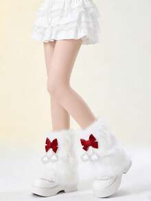 1 Pair Sweet Wine Red Bow & White Fuzzy Leg Warmers (May Have Slight Shedding) - Multicolor - View 10