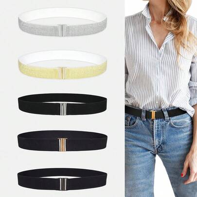 1pc Women's Minimalist Elastic Waist Belt, Gold Buckle Black Stretchy Belt, Suitable For Dresses, Shirts And Jackets, Elegant Daily Wear