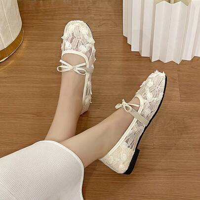 1双方头系带3D立体花朵松紧带仙女/淑女风蝴蝶结套脚鞋，优雅玛丽珍平底鞋
